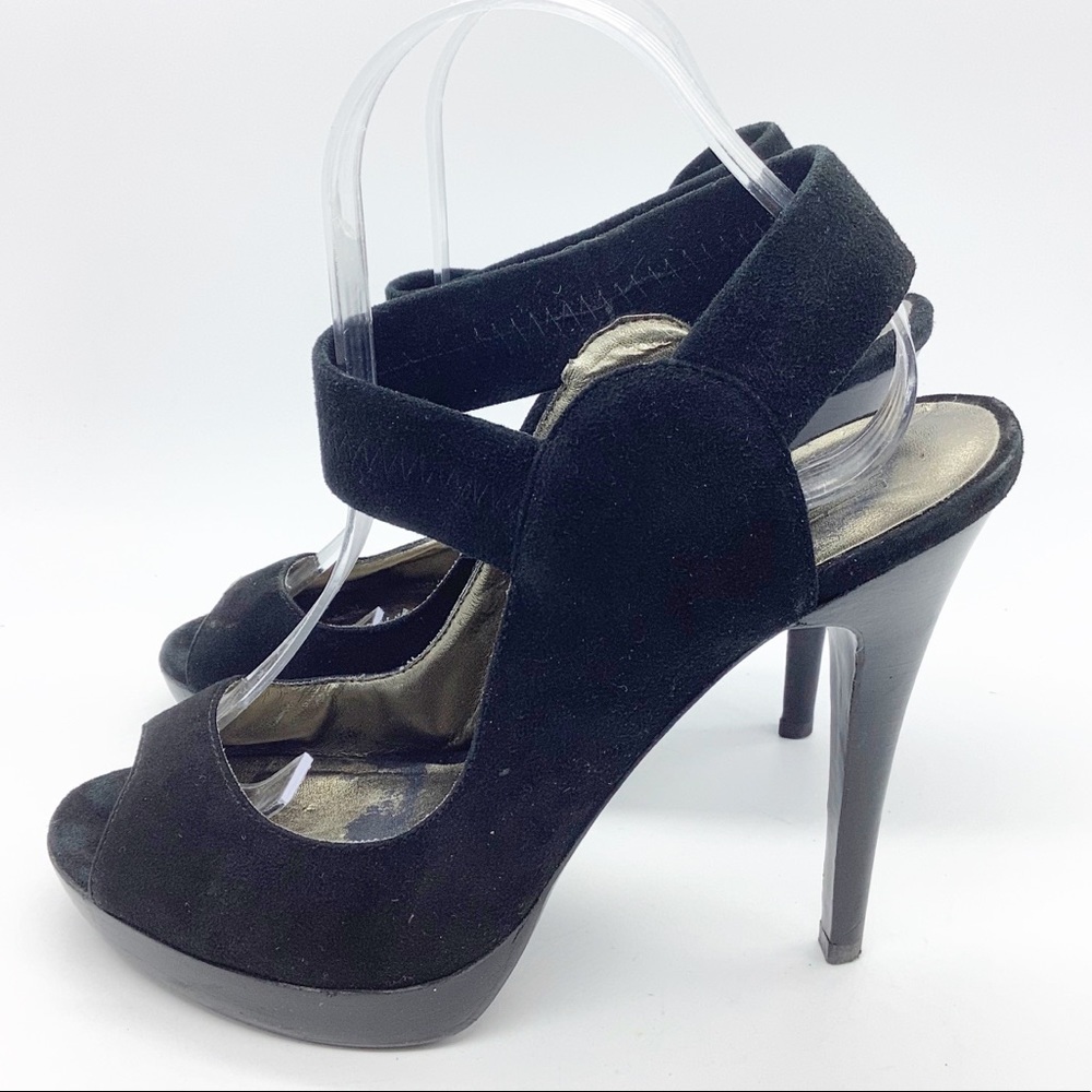 Pelle Moda Women Size 9.5 Black Suede Leather 5" Heels Platform Peep Toe Shoes